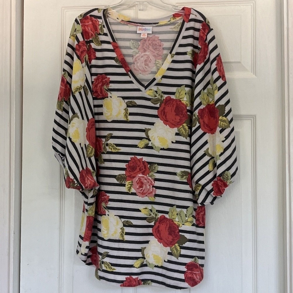 Lularoe Renee Balloon Sleeve Top Shirt Medium xs Striped Rose Print runs large